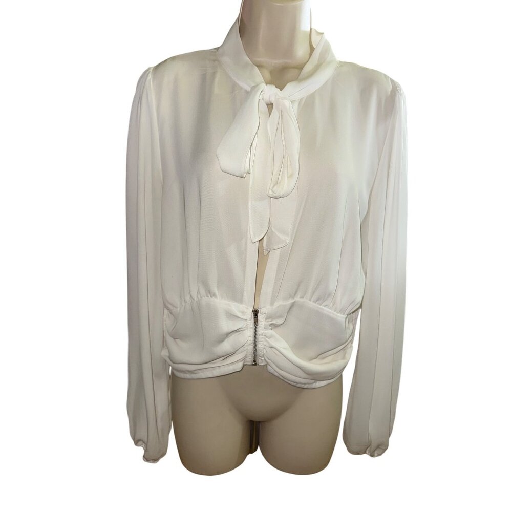 Fashion‎ Nova White Long Sleeve Tie Neck Blouse XL Zipper Waist Sexy Secretary